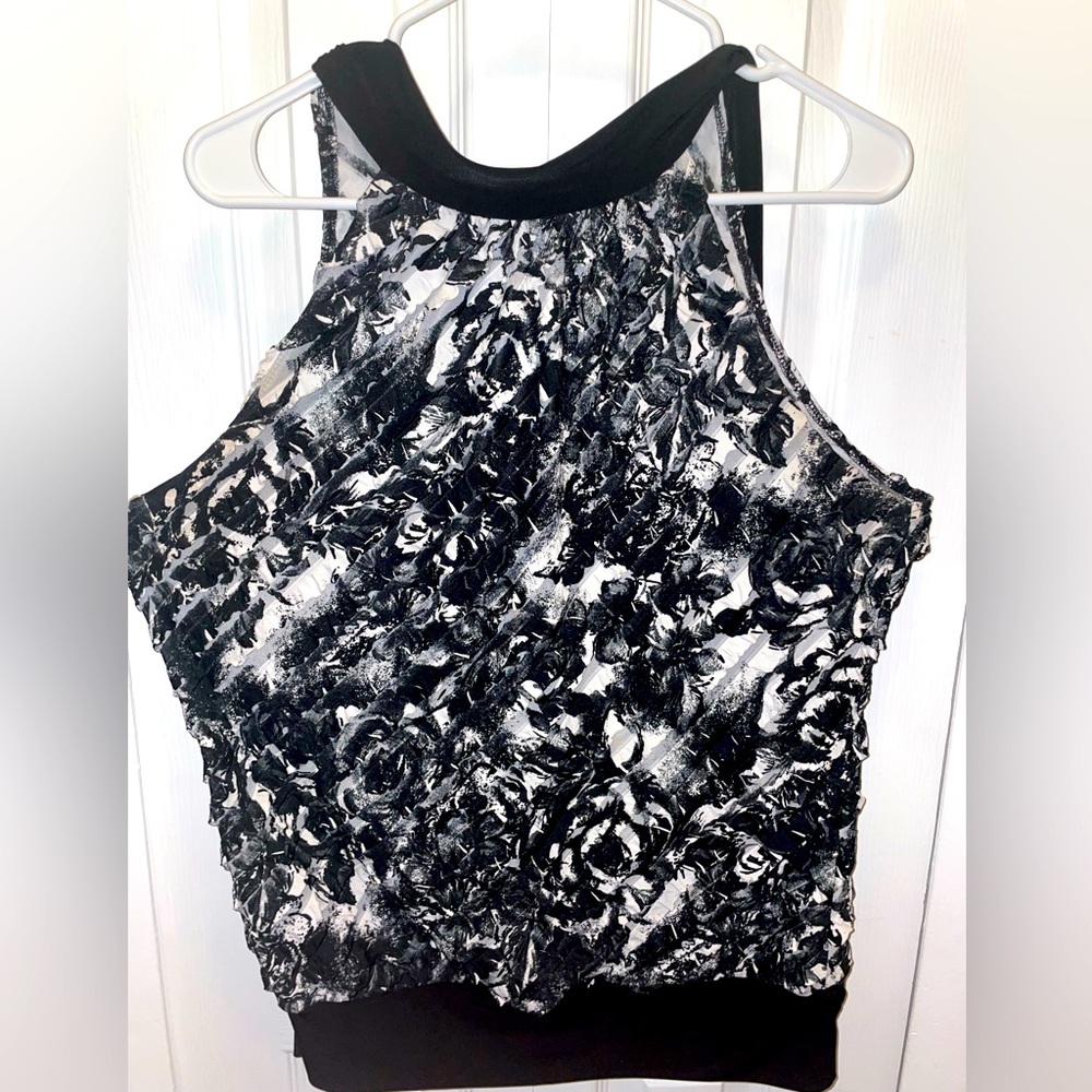 Black and white back neck tie blouse.